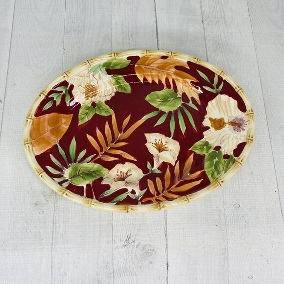 Home Trends HIBISCUS Bamboo Edge Ferns Floral Red Oval Ceramic Serving Platter - Picture 2 of 9